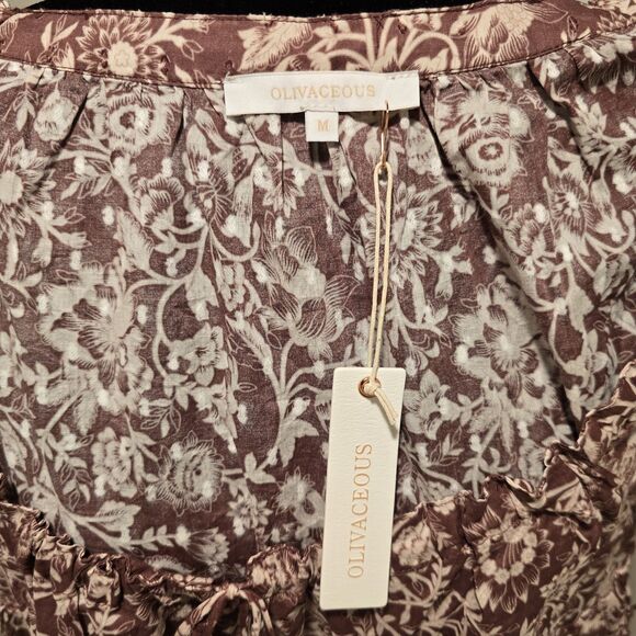 Olivaceous Boho Floral Short Puff Sleeve Mini Baby Doll Dress Maroon Size Medium - Picture 11 of 12